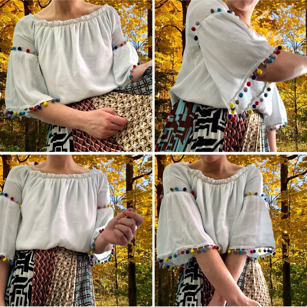 Colorful Peasant Top with Multicolored Pom Pom Trim at Sleeves